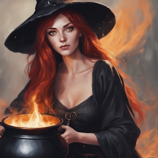 Una bruja muy hermosa con un caldero de fuego del que sale fuego