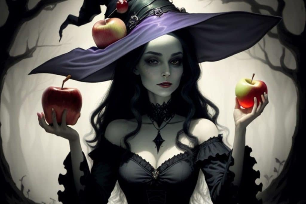 Una bruja con una manzana en cada mano
