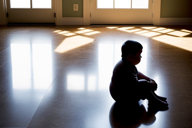 es la silueta de un niño con obesidad sentado en el suelo representando tristeza