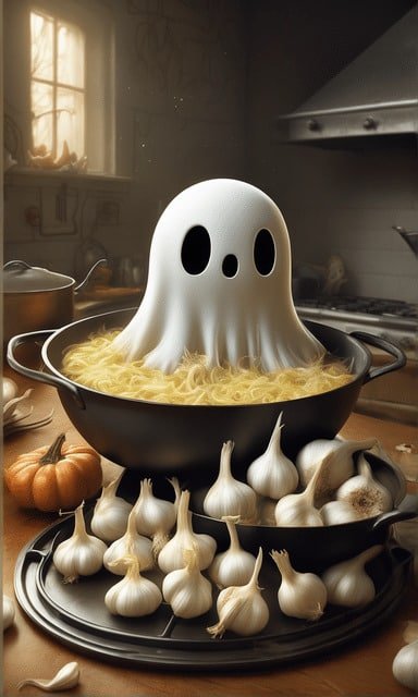 Un fantasma con sábana blanca saliendo de una olla con caldo
