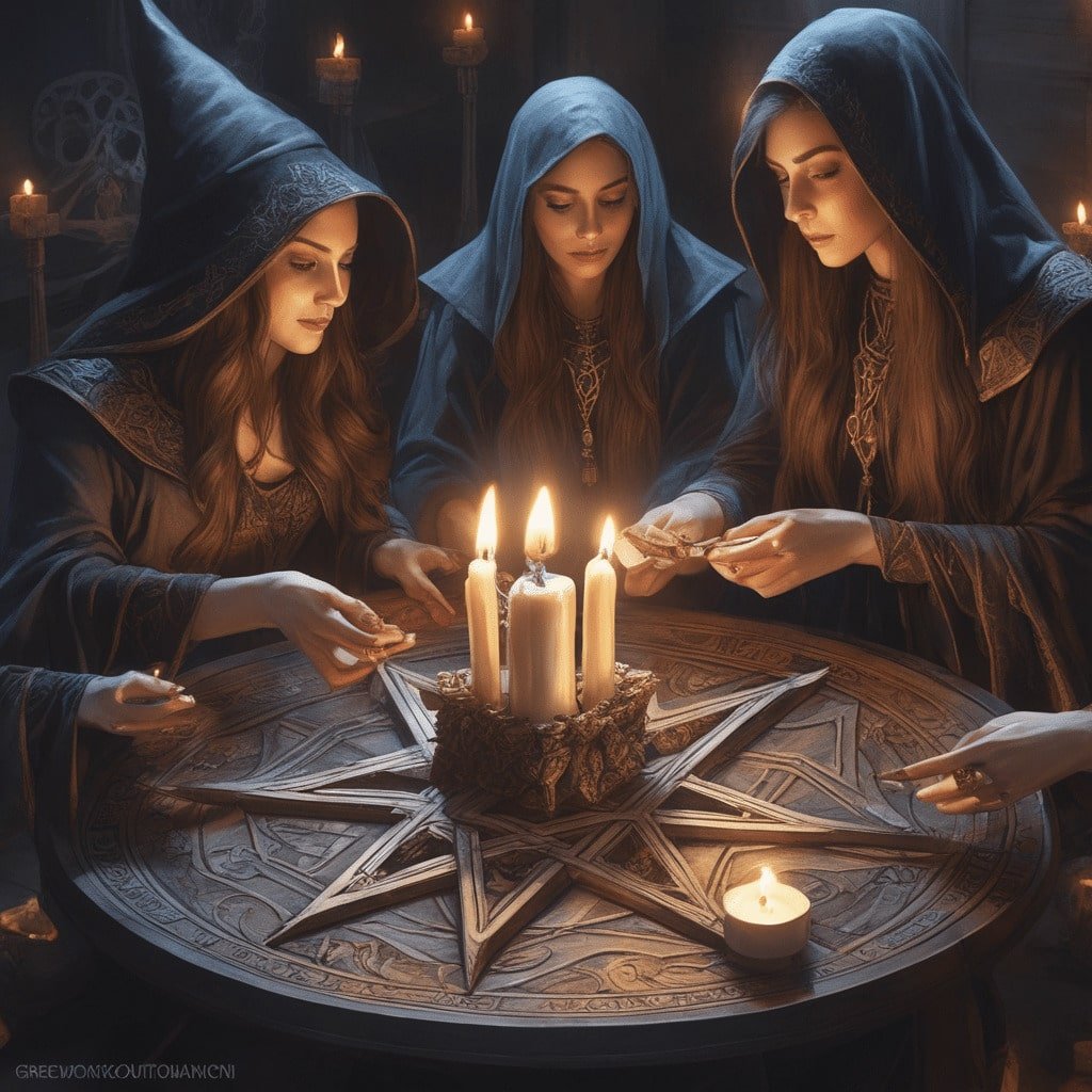 3 brujas alrededor de una mesa, haciendo un hechizo