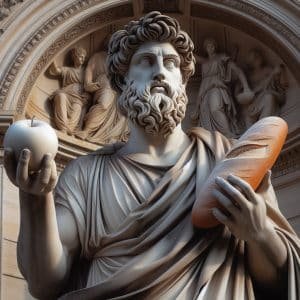 Estatua griega antigua sosteniendo una manzana con la mano izquierda y una hogaza de pan con la mano derecha
