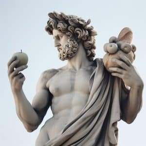 Estatua de un hombre grigo musculoso sosteniendo en la mano derecha una manzana y en la mano izquierda un pan adornado con manzanas
