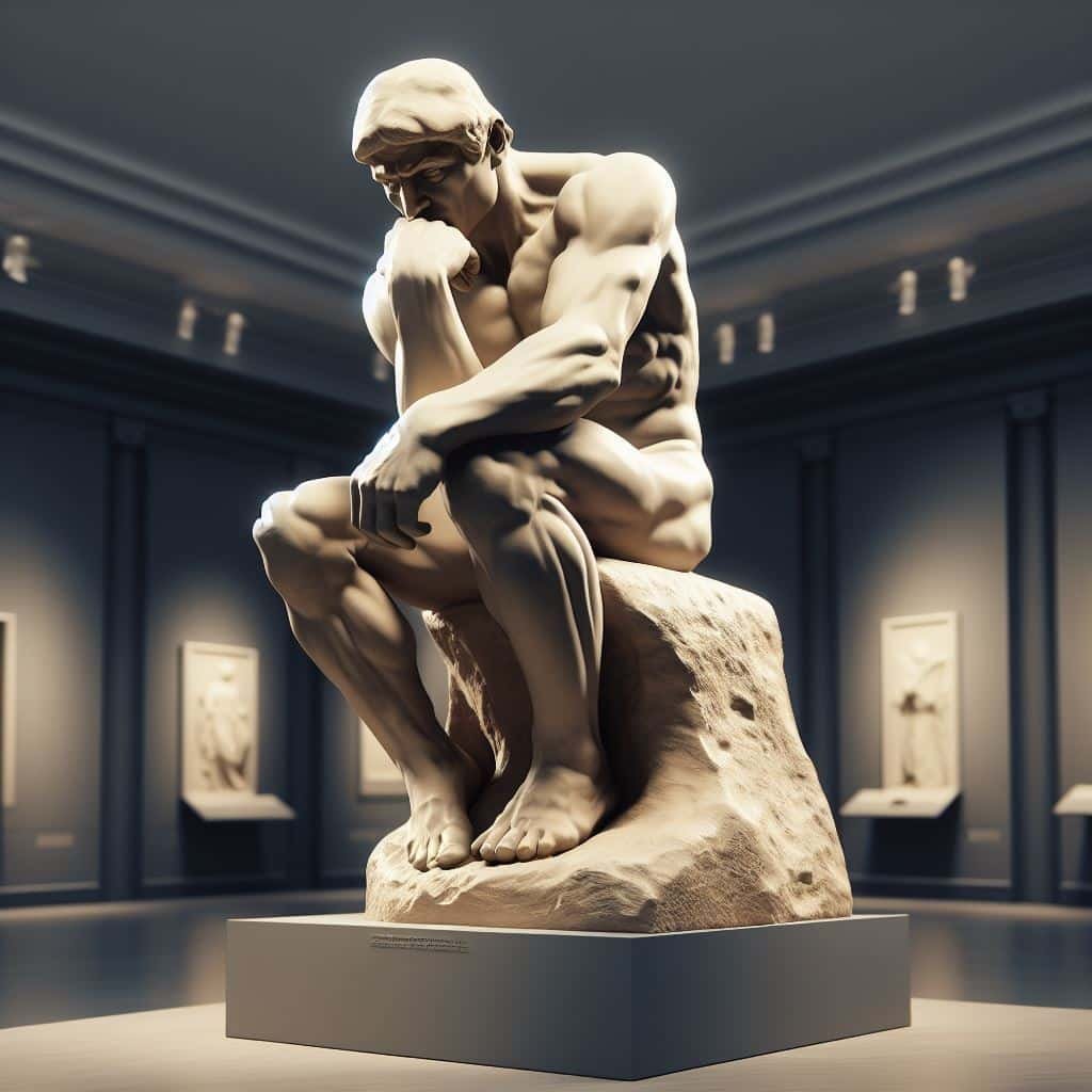 Estatua de hombre griego sentado con actitud pensativa