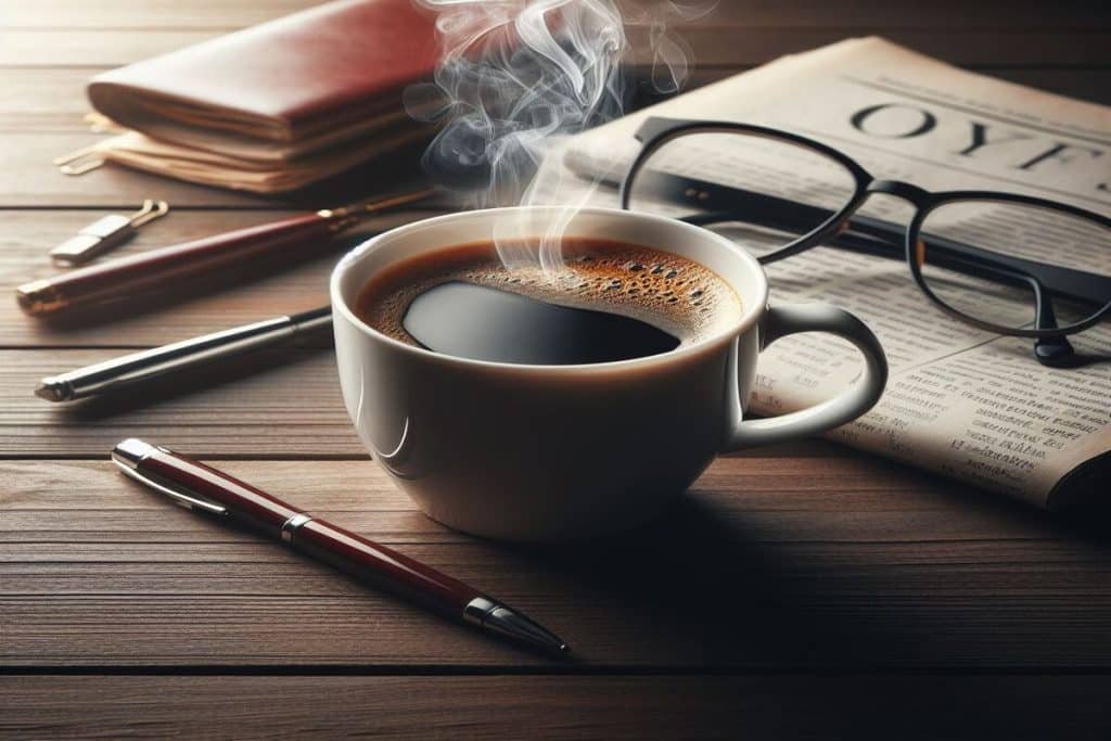 Una taza de color blanco llena de café caliente