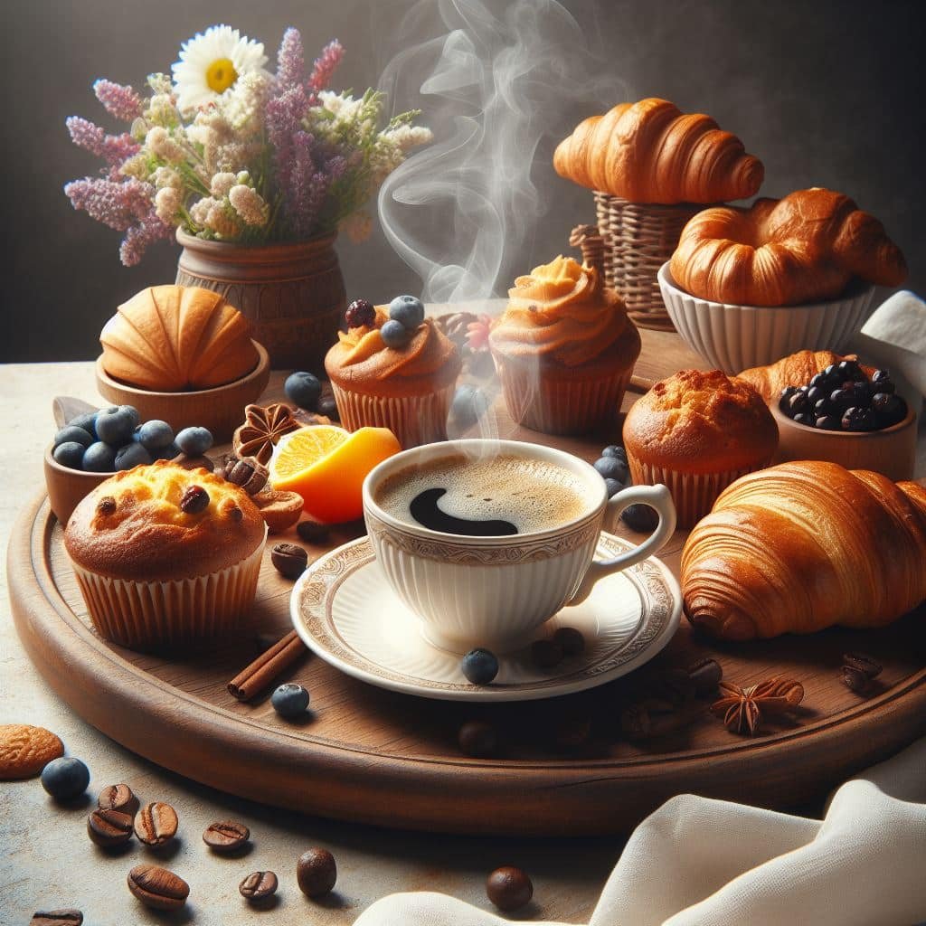 Charola de madera con piezas de pan dulce y una taza con cafe caliente al centro