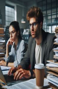 Un hombre y una mujer con mucho trabajo y pilas de papel alrededor de ellos
