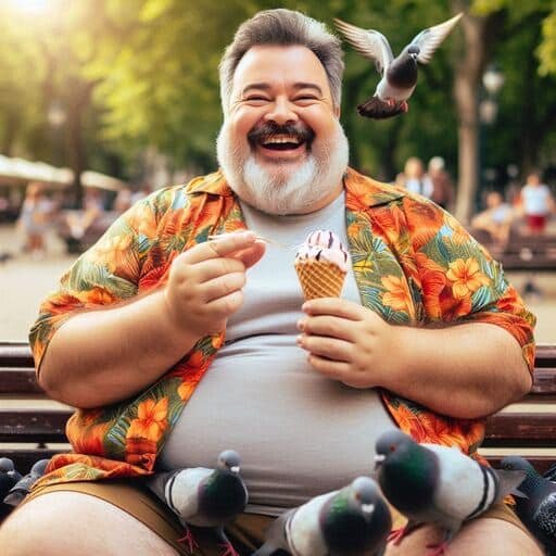Hombre obeso feliz sentado en la banca de un parque