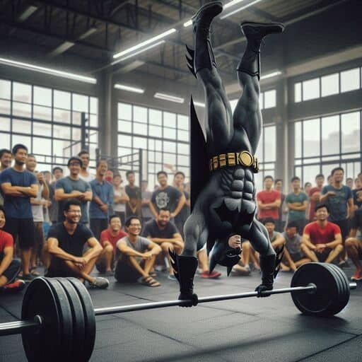 Batman manteniendo el equilibrio en una barra con pesas