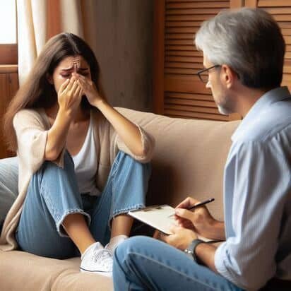 Psicologo hombre dando consulta a una mujer que esta llorando