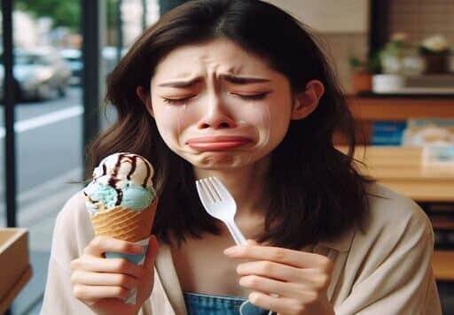 Mujer llorando con un cono de helado en la mano