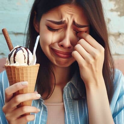 Mujer llorando con un cono de helado en la mano