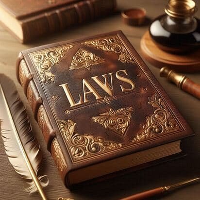 Imagen de un libro antiguo que en la portada tienen escrito en ingles "leyes"
