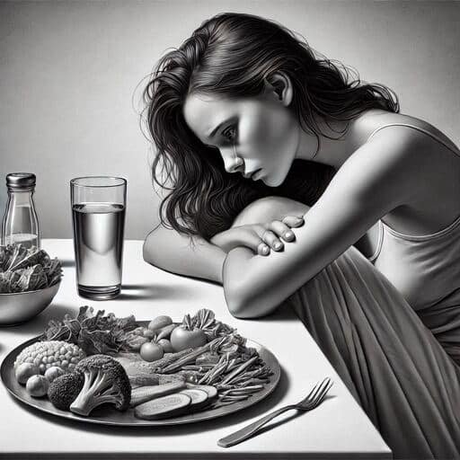 Imagen en blanco y negro de una mujer con anorexia nerviosa frente a un plato de comida