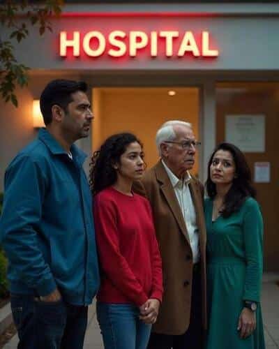 imagen de una familia conformada por mamá padre y dos hijos muy preocupados afuera de un hospital