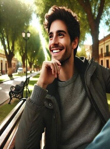 Un hombre feliz sentado en una banca del parque