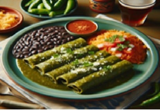 Platillo mexicano "Enchiladas verdes con frijoles negros a un lado