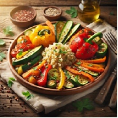 Un plato redondo hondo que contiene quinoa, chiles rojos y calabazas
