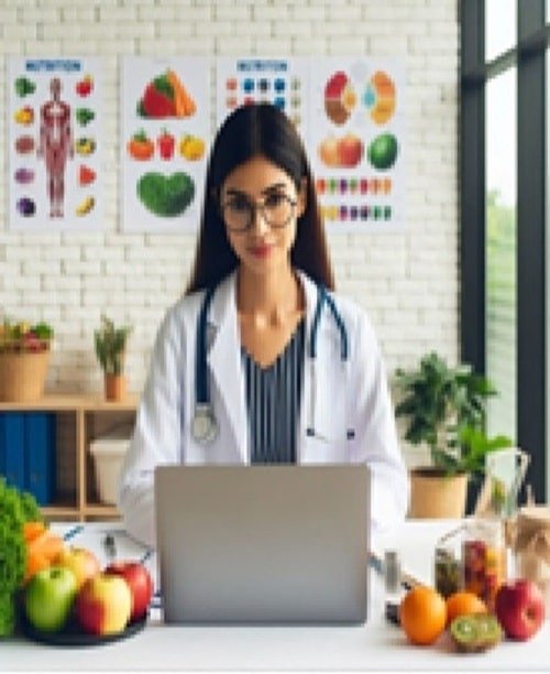 Una mujer de profesión nutrióloga en un consultorio de nutrición